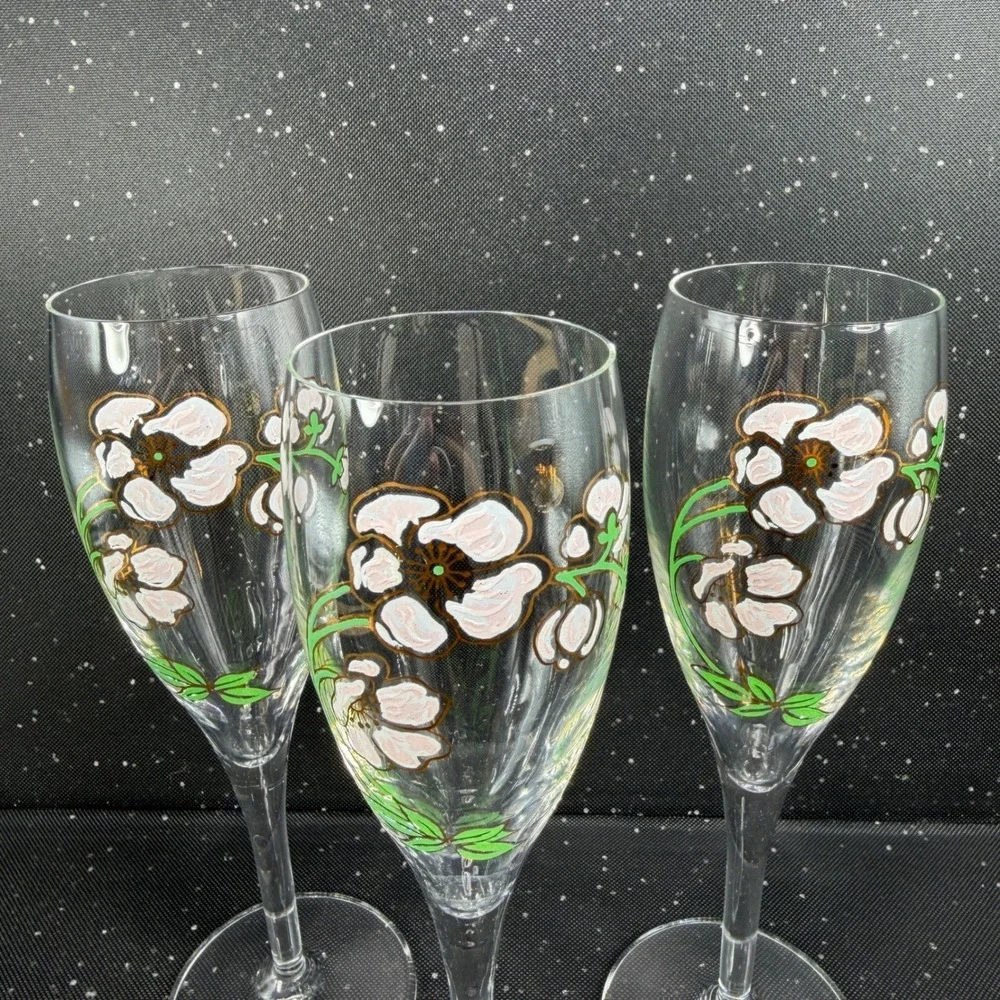 Perrier Jouet Belle Epoque Champagne Flutes Set of 3 Floral Anemone Glassware